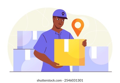 Deliveryman with box. Courier with cardboard box in his hands. Logistics and transportation, shipping. Man with parcel. Online shopping and fast home delivery. Flat vector illustration
