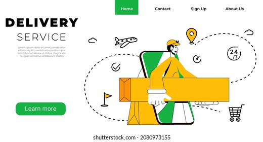 Entregar a un hombre con una caja. Courier entregando el paquete. Plantilla de banner del servicio de entrega en línea. Concepto de servicio de envío y entrega a nivel mundial. Ilustración vectorial.