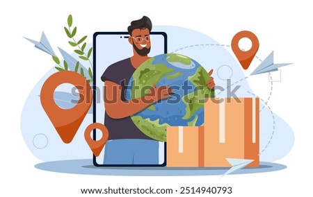 Deliveryman with boxes. Young guy with parcels near smartphone screen. Online shopping and ecommerce, home delivery. Logistics and transportation, shipping. Flat vector illustration