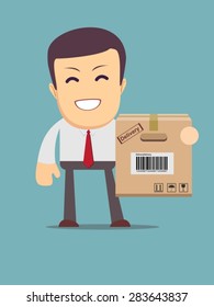 Deliveryman - businessman holding a package. Stock vector illustration Eps10 file.