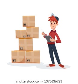 Deliveryman with cardboard boxes on background. Fast Delivery service by courier. Vector cartoon character illustration