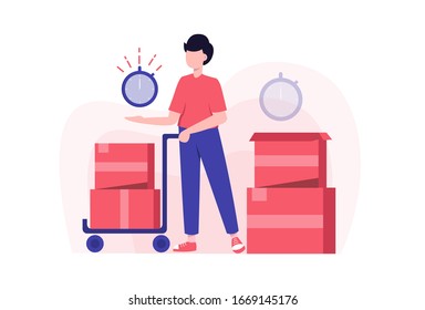 A deliveryman is carrying a box using a stroller