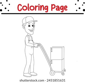 deliveryman carrying cardboard box with pushcart coloring page. coloring book for kids