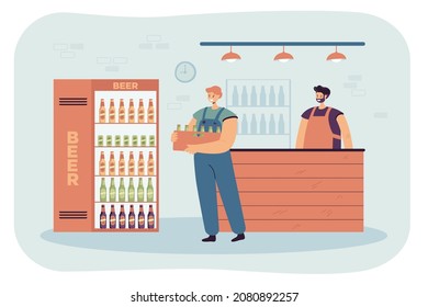 Deliveryman carrying crate of fresh beer in bottles. Smiling courier man holding stack of alcohol drinks in wooden box in alcohol market flat vector illustration. Delivery, brewery company concept