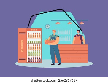 Deliveryman carrying crate of fresh beer in bottles. Smiling courier man holding stack of alcohol drinks in wooden box in alcohol market flat vector illustration. Delivery, brewery company concept