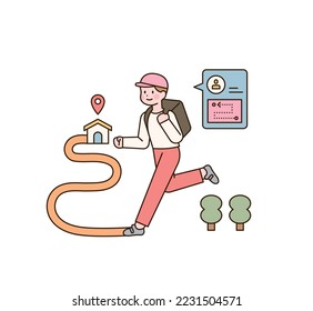 A deliveryman is carrying a delivery box and looking for a way. flat vector illustration.