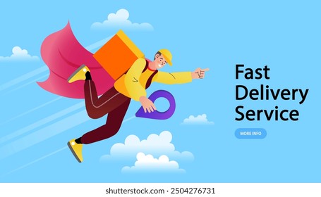 Deliveryman llevando el paquete. Trabajador con capa roja. Cajas de cartón. Concepto de entrega urgente. Paquete de transporte rápido de superhéroes entregado al Cliente en Ilustración vectorial plana de dibujos animados.
