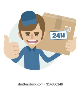 Deliveryman carrying a parcel box, giving thumbs up. 24H concept