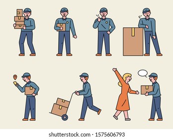 Deliveryman character delivering boxes of various sizes. flat design style minimal vector illustration.