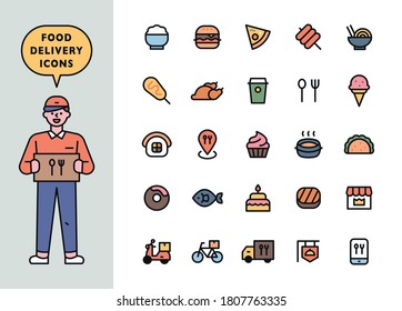 A deliveryman character standing with a box. Food delivery icon set. flat design style minimal vector illustration.