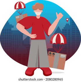 Deliveryman, courier shows thumb up. Express delivery of goods, goods by air balloon. Payment by cash and card. Vector image