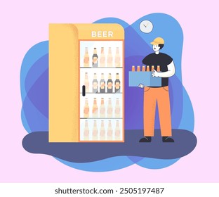 Deliveryman with crate of fresh beer in front of refrigerator with beer in supermarket. Courier carrying box with bottles of alcoholic drink vector illustration. Alcohol, delivery concept for banner o