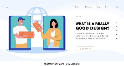 Deliveryman and customer on mobile phone screens. Courier delivering package to woman with credit card flat vector illustration. Delivery service, online shopping concept for banner or website design