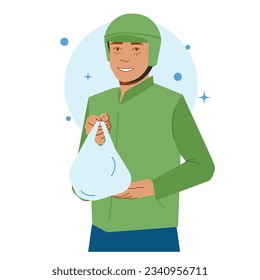 deliveryman delivers food plastic bag in flat illustration