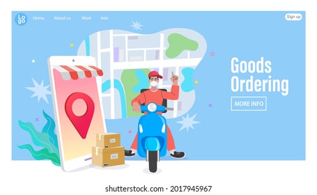 Deliveryman with a face mask. Ecommerce concept. Online shopping. Online delivery service concept. Fast delivery by scooter via mobile phone. Man riding scooter. Vector illustration.