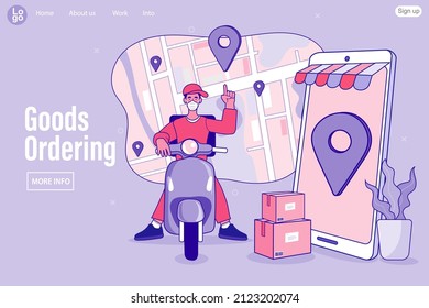 Deliveryman with a face mask. Ecommerce concept. Online shopping. Online delivery service concept. Fast delivery by scooter via mobile phone. Man riding scooter. Vector outline illustration.