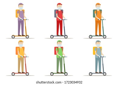 Deliveryman in face mask riding on kick scooter. Vector illustration.
