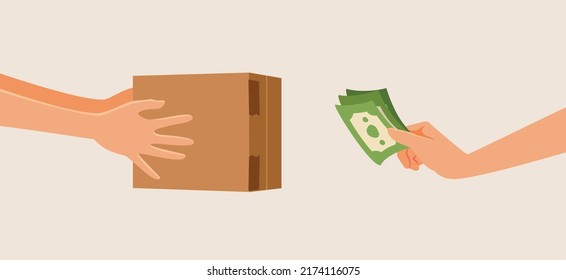 Deliveryman Giving Cardboard Box in Exchange of Cash Money Vector Cartoon. Buyer paying on delivery for internet order purchase

