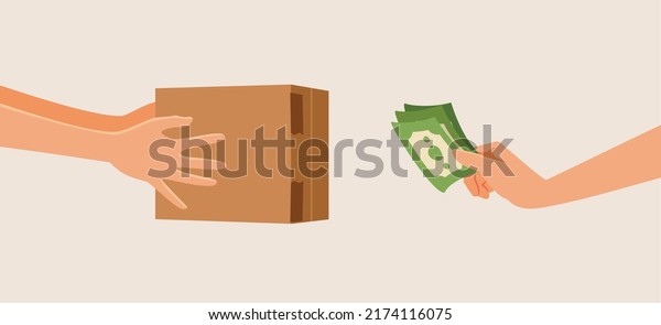 Deliveryman Giving Cardboard Box in Exchange\
of Cash Money Vector Cartoon. Buyer paying on delivery for internet\
order purchase\
\
