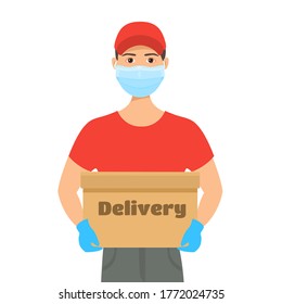 Deliveryman of goods and parcels. Courier in protective medical mask and rubber gloves holds  cardboard box in his hands. Service for the safe delivery of goods. Vector cartoon flat illustration.