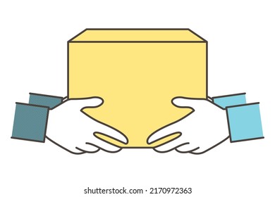 Deliveryman handing over a cardboard box of deliveries [Vector illustration].