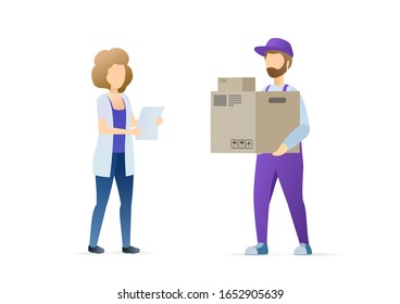 Deliveryman handing two boxes to a girl. Courier giving documents to the customer. Fast delivery service. Vector flat illustration concept on white background.