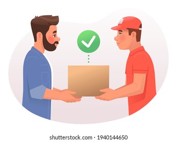 Deliveryman hands the parcel box to the customer. Courier and client. Vector illustration in cartoon style