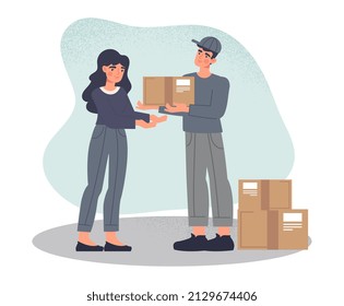 Deliveryman hands parcel box to customer abstract concept. Courier delivers order to client quickly. Young man holds parcel, and woman picks it up. Cartoon contemporary flat vector illustration