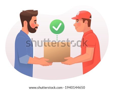 Deliveryman hands the parcel box to the customer. Courier and client. Vector illustration in cartoon style