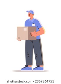 deliveryman holding cardboard box courier carrying parcel express delivery service happy labor day celebration concept