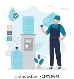 Deliveryman holding gallon of water on shoulder. Office cooler with water. Male courier quickly delivers orders. Guy in uniform delivering bottles with liquid for coolers. Flat vector illustration