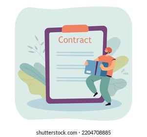 Deliveryman holding parcel in front of huge contract. Courier with package next to legal document flat vector illustration. Delivery service, concept for banner, website design or landing web page