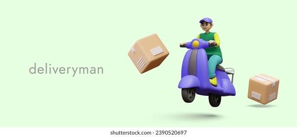 Deliveryman is in hurry on motorbike. Transportation service advertisement. Logistics business. Address pickup and delivery of orders, parcels. Horizontal vector color concept with place for text