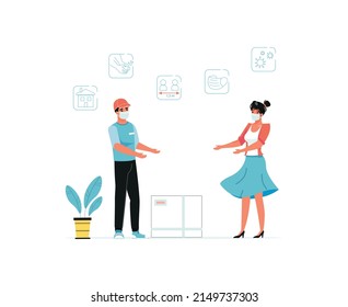 Deliveryman keeping distance giving parcel to housewife during covid19 quarantine. Male courier and woman in face mask. Safe delivery service, social distancing