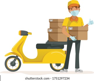 Deliveryman mask holding box. Standing and smiling. Gesture thumb up. New normal concept.
