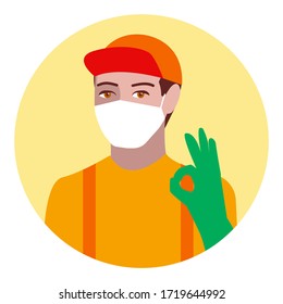 Deliveryman in a medical mask and gloves shows ok gesture. Positive young man in a yellow t-shirt and a baseball cap. Vector flat illustration isolated on white background.