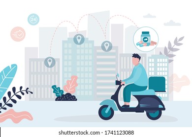 Deliveryman on motorcycle. Medical drugs delivery at home. Concept online pharmacy. Medicine, healthcare and drugstore. Prescription medicines. Banner in trendy style. Flat vector illustration