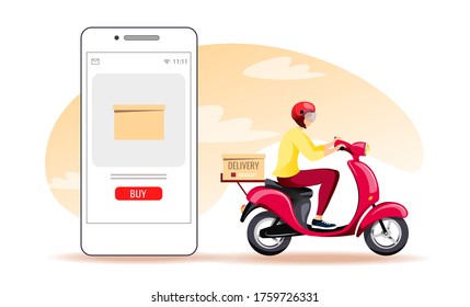 Deliveryman on scooter and smartphone. Delivery services, Online order tracking, Scooter courier concept. Isolated vector illustration.