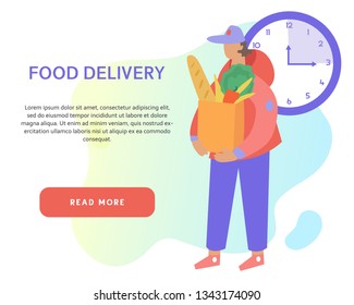Deliveryman on the way to customer on the abstract background. Courier delivers fresh food and vegetables. Online food delivery service banner concept with the place for your text.