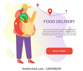 Deliveryman on the way to customer on the abstract background. Courier delivers fresh food and vegetables. Online food delivery service banner concept with the place for your text.