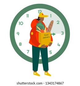 Deliveryman on the way to customer with clock on the background. Courier delivers fresh food and vegetables by foot. Online food delivery service concept.