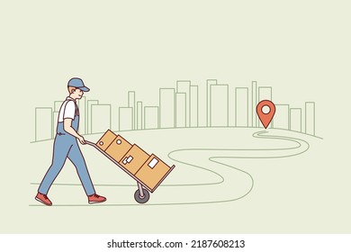 Deliveryman with packages walking to recipient. Courier or postman delivering orders to client or customer. Good delivery service. Vector illustration. 