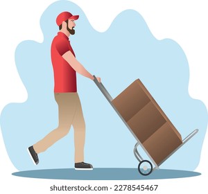 Deliveryman with packages walking to recipient. Courier or postman delivering orders to client or customer. Good delivery service. Vector illustration.