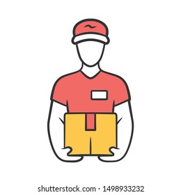 Deliveryman with parcel color icon. Courier holding cardboard box. Postman with package. Delivery, postal service. Express shipping. Isolated vector illustration