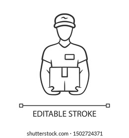 Deliveryman with parcel linear icon. Courier holding cardboard box. Postman with package. Delivery, postal service. Express shipping. Contour symbol. Vector isolated outline drawing. Editable stroke