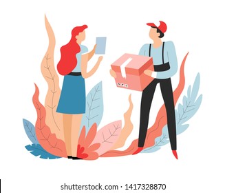 Deliveryman with parcel and woman receiving order delivery service vector deliverer with cardboard box shipping and transportation man in overalls and cap girl customer signing paper online shopping