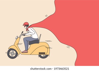 Deliveryman and Pizza order courier concept. Young smiling positive man deliveryman on scooter carrying food for customers vector illustration 