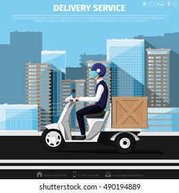 Deliveryman rides on a motor scooter with delivery box against background of the cityscape. Flat design. Vector illustration 10 EPS without transparency