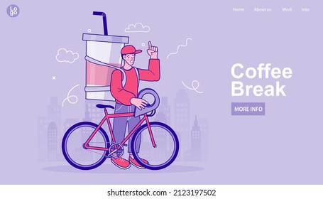 Deliveryman riding bicycle to deliver food in time. Delivery and courier service concept. stay home. Coffee break, Time out. The delivery man carried a large coffee cup behind him. flat vector concept