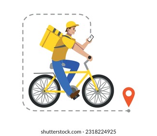 Deliveryman riding bike, holding phone and paves route. Cartoon character delivering packages to destination. Express delivery services to home or office. Vector flat illustration
